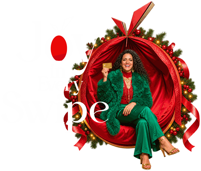 Joy in Every Swipe. A smiling woman holding a DFCC card, seated in a giant red festive bauble.